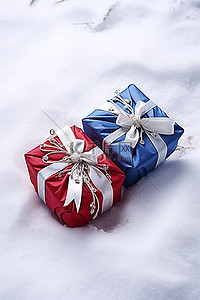 白枝条背景图片_白雪上有两个蓝色和白色的大盒子，上面有丝带