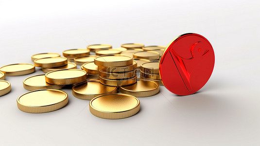 红色金币背景图片_金币和清晰的白色背景上有影响力的红色箭头是 3D 商业概念