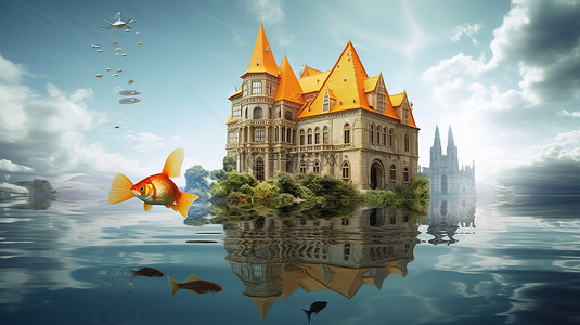 跺脚跳跃背景图片_城堡主题水族馆，金鱼在半空中，展示了 3D 渲染的生长和进步