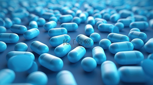 蓝色背景上抗生素胶囊丸图案的 3D 渲染，强调治疗和治愈的医疗保健医学概念