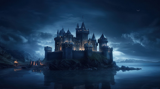 黑暗城堡背景图片_黑暗城堡的夜间堡垒 3D 插图
