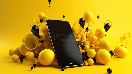 黄色背景上带有语音气泡的通信和社交媒体概念 3D 智能手机