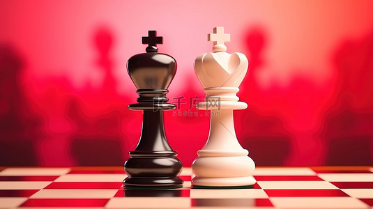 棋盘国王和王后棋子上的浪漫，在 3D 渲染的多彩背景上有一颗红心