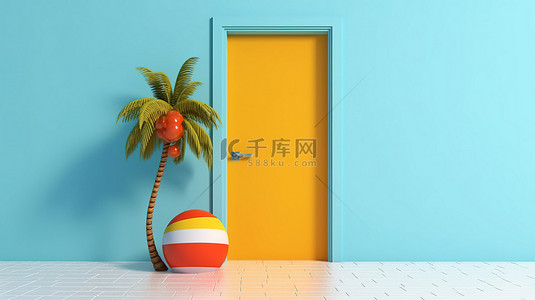 夏季极简主义一扇带有 3D 渲染海滩乐趣的门