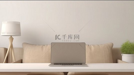 笔记本电脑样机的简约 3D 渲染，时髦内部有空白墙