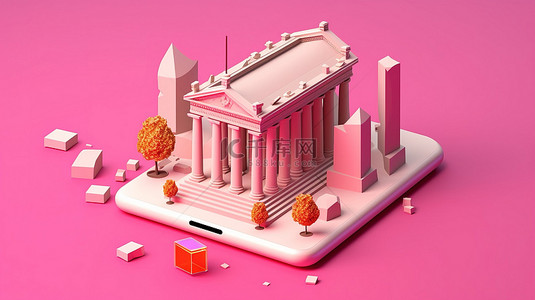 网上银行背景图片_3D 等距渲染通过智能手机在粉红色背景下展示网上银行