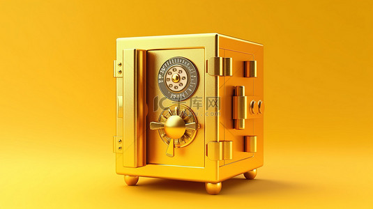 金钱银行背景图片_在充满活力的黄色背景上使用金色钢保险箱保护您的储蓄 3D 渲染的金钱和贵重物品保护概念