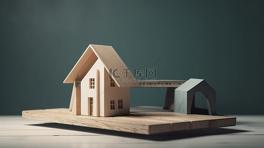 3D 渲染中混凝土板上的房屋和投资资金的简约概念