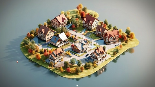 抽象村庄背景图片_迷人小屋社区的鸟瞰图 3D 模型娱乐数字艺术