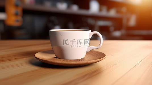 带 3D 渲染咖啡杯的木桌
