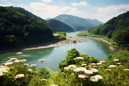 花仙子动图背景图片_一座大山附近的一条大河，有很多花