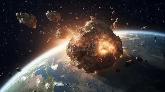 陨石科技背景图片_地球上的非洲大陆，有一颗陨石在 3D 图形中接近