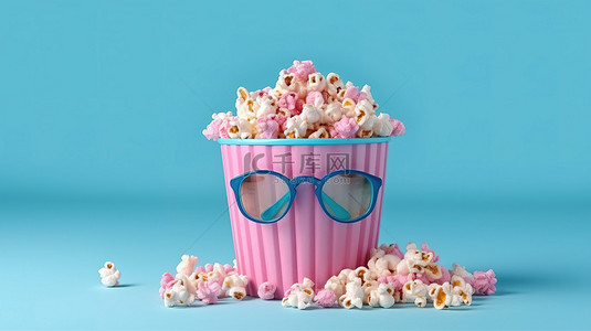 在柔和的蓝色和粉色背景上，在装有 3D 眼镜的桶中撒上爆米花