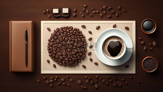 咖啡豆咖啡杯木板背景