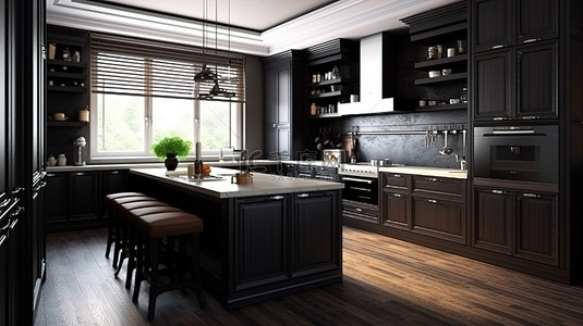 古典风格的厨房，带有现代风格的深色木质内饰 3D 渲染
