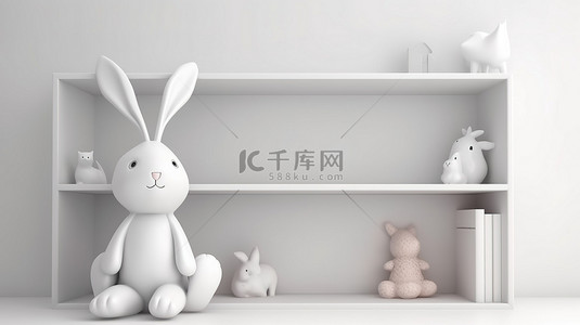 可爱婴儿背景背景图片_展示架上的玩具兔 3D 渲染图