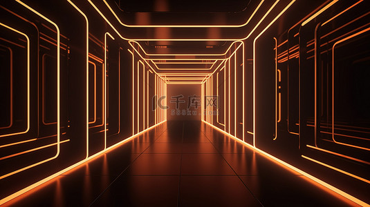 科幻插图抽象几何背景与橙色光在一个空暗的房间 3d 渲染