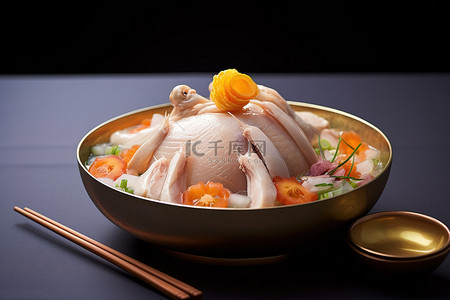 盛唐彩雕背景图片_蔬菜床上盛满鸡肉的碗
