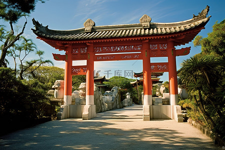 寺庙大门背景图片_日本亚洲花园大门的入口