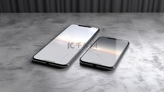 双智能手机模型采用时尚的灰色技术背景，具有可定制的白屏 3D 渲染