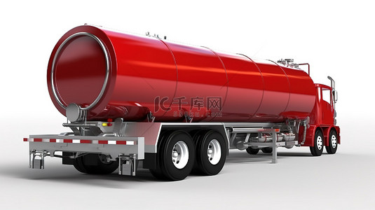 闪亮的金属拖车连接到大型红色油罐车的 3D 插图，从各个角度查看