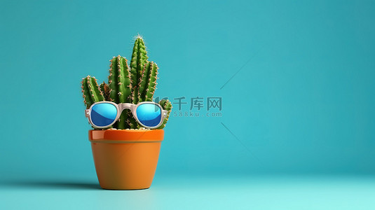 3d花草背景图片_经典蓝色背景下戴着 3D 眼镜的花盆里的仙人掌
