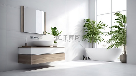 现代浴室设计，配有时尚的家具花朵和白色的墙壁
