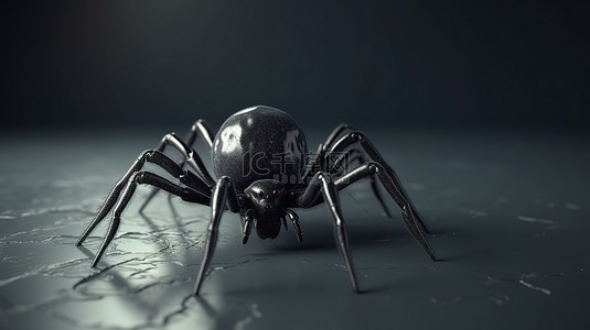 万圣节装饰 3D 渲染悬挂在网上的可爱而怪异的黑蜘蛛