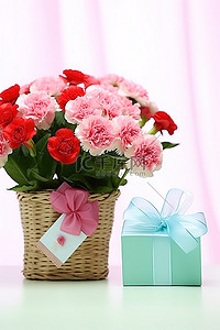 礼品卡旁边有一个装有粉色康乃馨花的篮子
