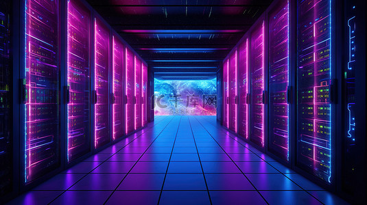 全蓝色背景图片_黑色主题托管服务器机房由粉色和蓝色灯光照亮 3D 插图渲染