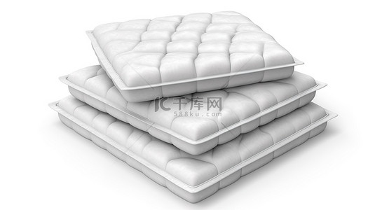 白色背景 3D 插图上单独的一组白色床垫