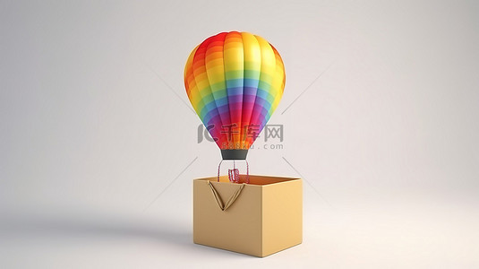 气球热气球装饰背景图片_带礼品盒的热气球在白色背景下以 3D 方式飞翔