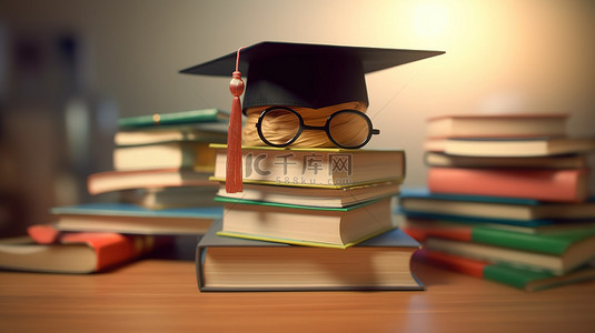 教育和国际研究的设计理念，在彩色书堆和眼镜存钱罐上进行毕业帽的 3D 渲染