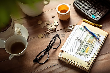 一些钱在一张普通的桌子上记下钱和眼镜