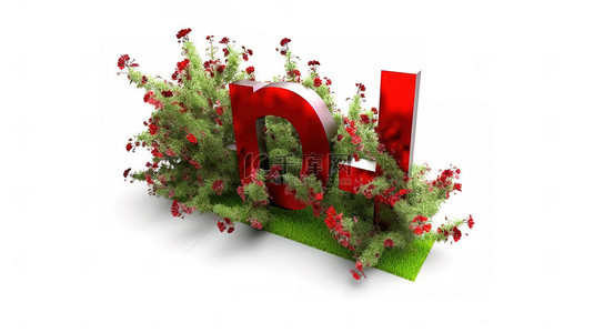 草表面上孤立的红花和哈希标签的 3D 渲染