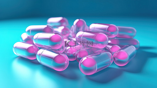 泡罩包装的粉红色健康胶囊，采用 3D 创建的蓝色背景双色调风格