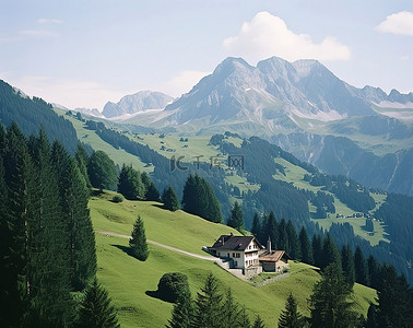 农村娃挑水的背景图片_瑞士阿尔卑斯山小房子的景色
