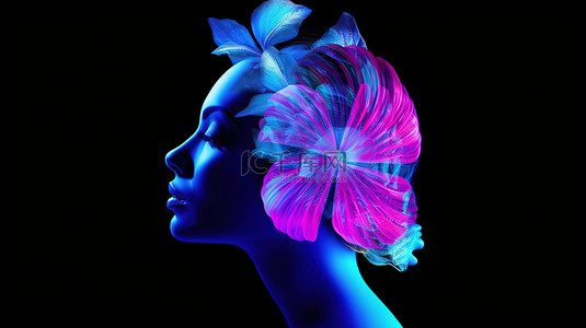 3D 渲染一个女人的脸，上面装饰着复杂的紫外线蓝色和粉色花瓣易洛魁