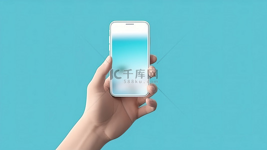蓝色背景上可爱的 3D 渲染手抓握手机