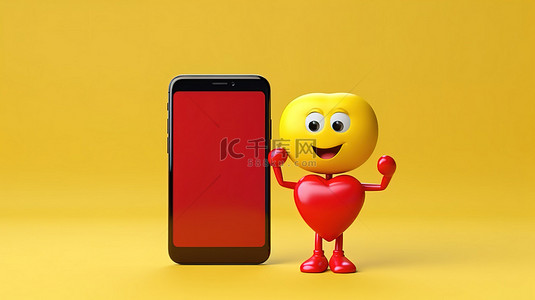 黄色背景的 3D 渲染，包括可爱的红心吉祥物和带有空屏幕的时尚手机，适合您的设计