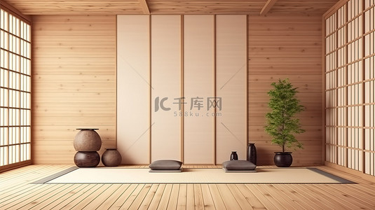 当代禅宗融合原始日式木制房间，配有简约的榻榻米垫和精美的 3D 渲染墙壁