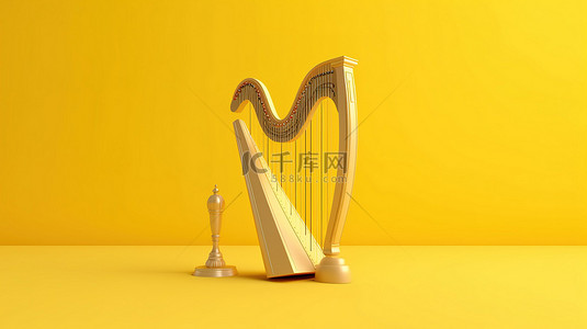 黄色背景竖琴，带有 3d 插图的复制空间