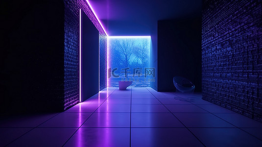 现代奢华的紫外线蓝紫色光在银墙 3D 渲染图像上投射出光芒四射的光芒