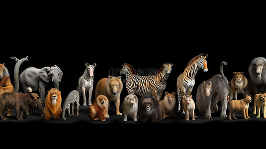 3d 野生动物园动物的多样化收藏和黑色背景的插画
