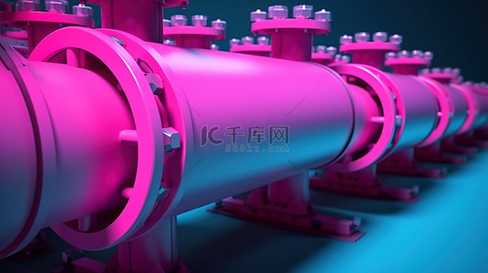 带有 3d 渲染钢管粉红色阀门和气瓶的蓝色天然气管道侧视图