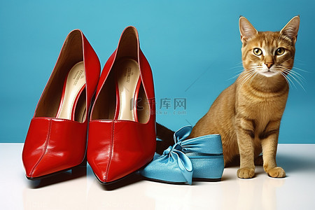 一只猫面前放着一个购物袋和一袋鞋子