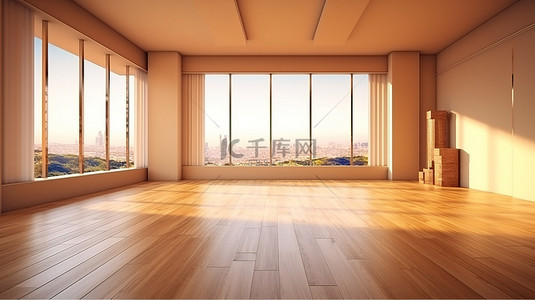 宽敞的酒店或公寓的 3D 渲染，配有木质空房间