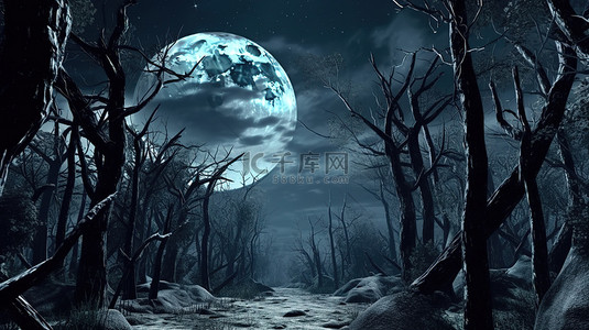 神秘森林卡通背景图片_满月照亮夜深人静的神秘森林3D渲染
