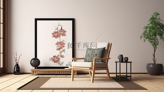 旅馆房间背景图片_带日式旅馆海报框架扶手椅和装饰品的榻榻米地板的 3D 渲染