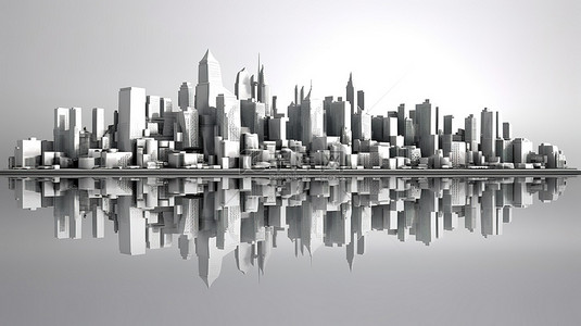 大城市剪影背景图片_在镜像背景上令人惊叹的 3D 渲染中的白色城市